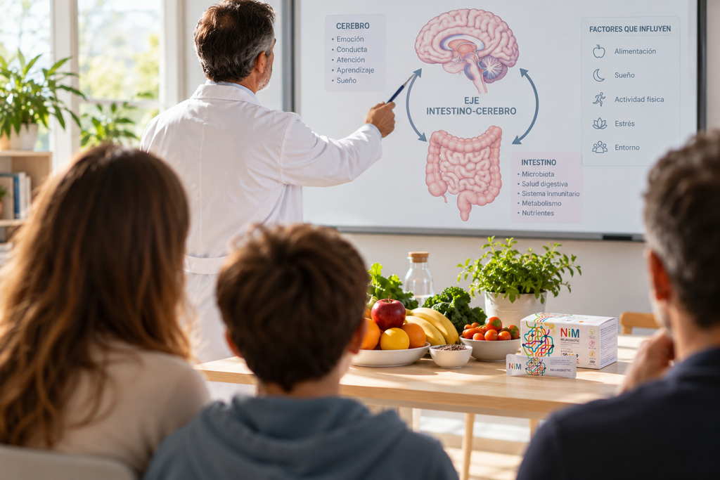 Un doctor enseña a una familia la relación del eje intestino cerebro, junto con alimentos sanos y un probiótico, NiM, especial para niños con trastorno del neurodesarrollo